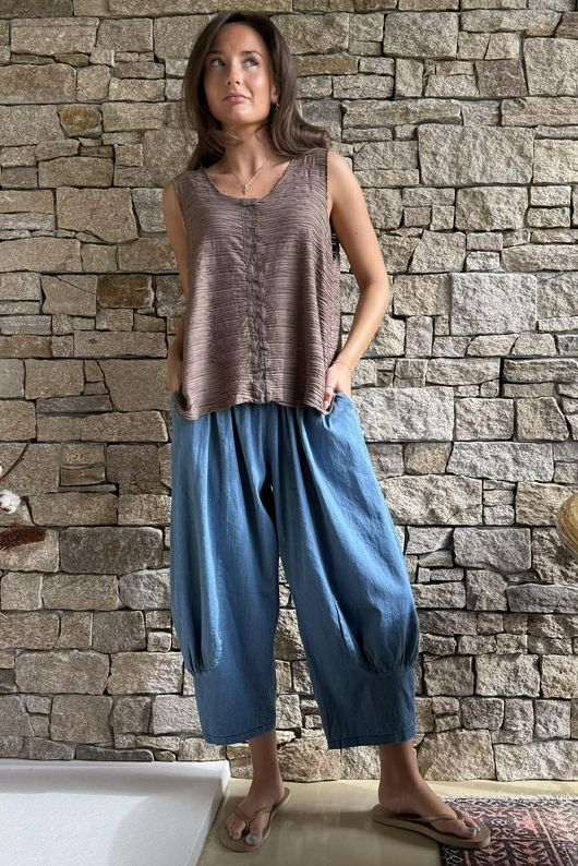  Benji Linen Panel Wave Vest Mocha 
